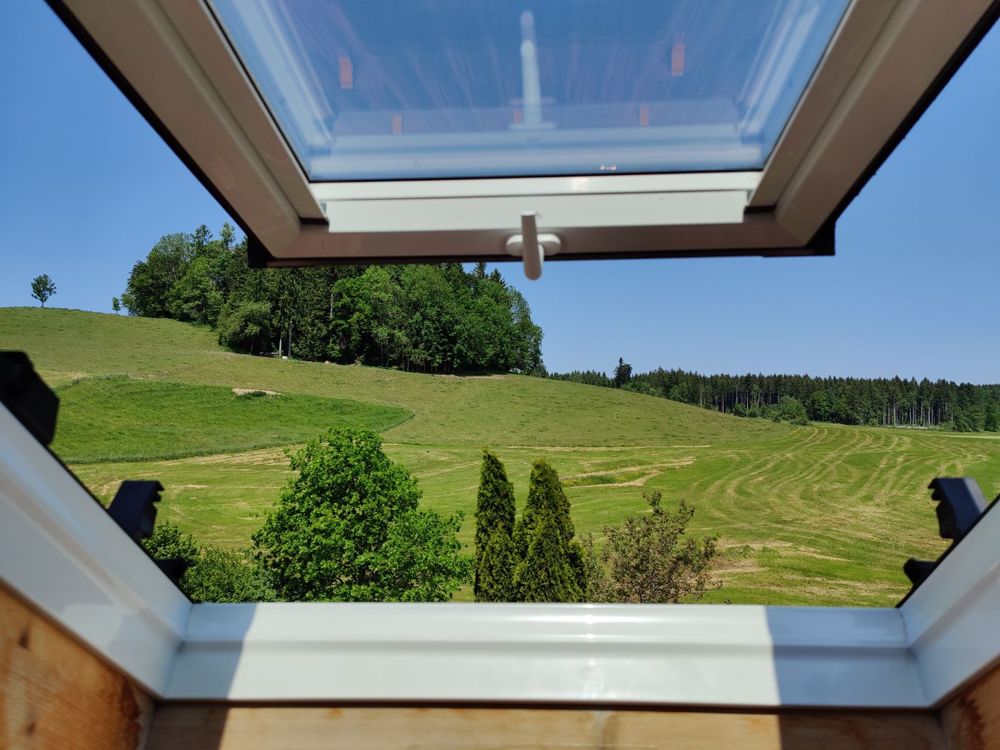 Blick aus dem Dachfenster über die Wiesen